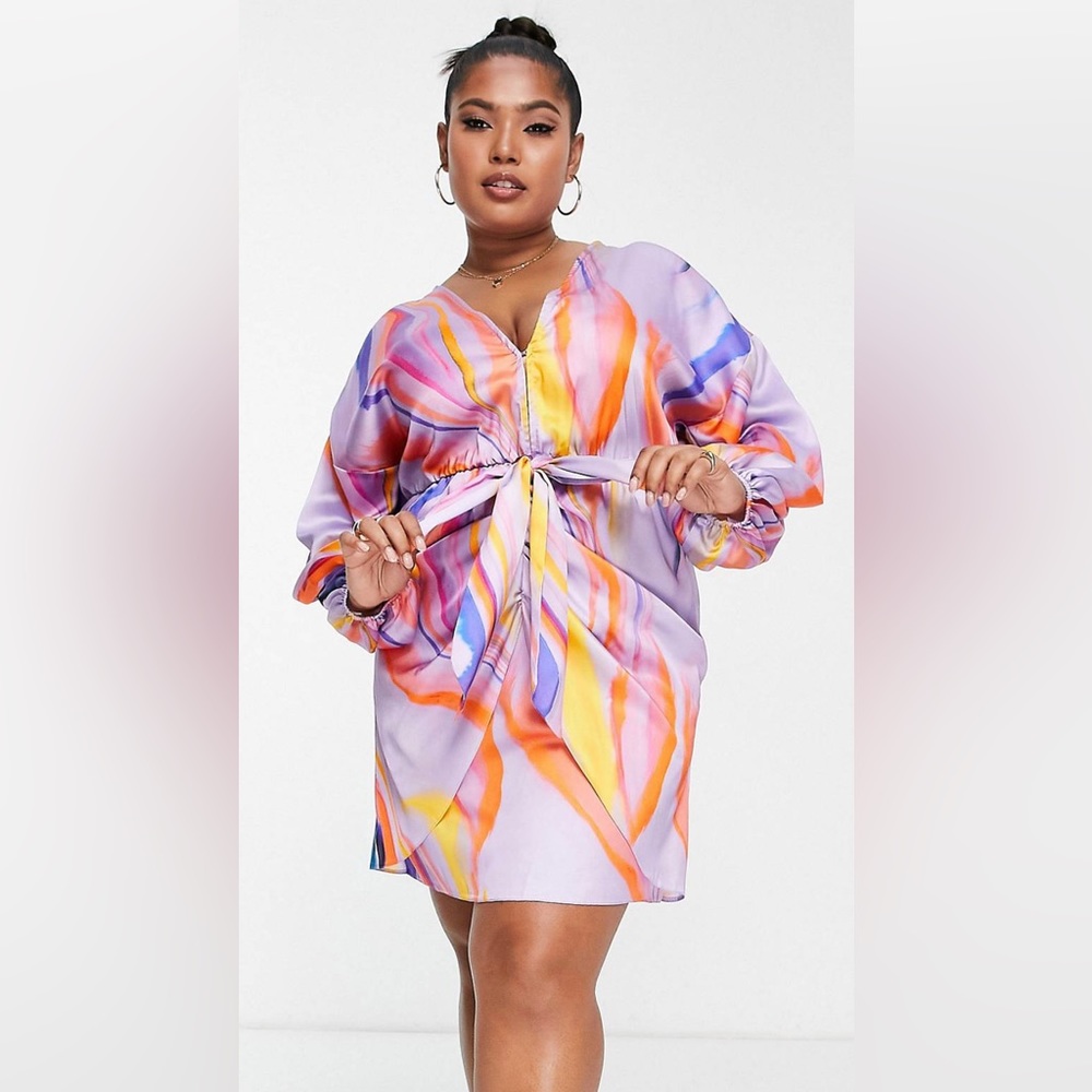 ASOS design curve plunge tie front mini dress in purple marble print